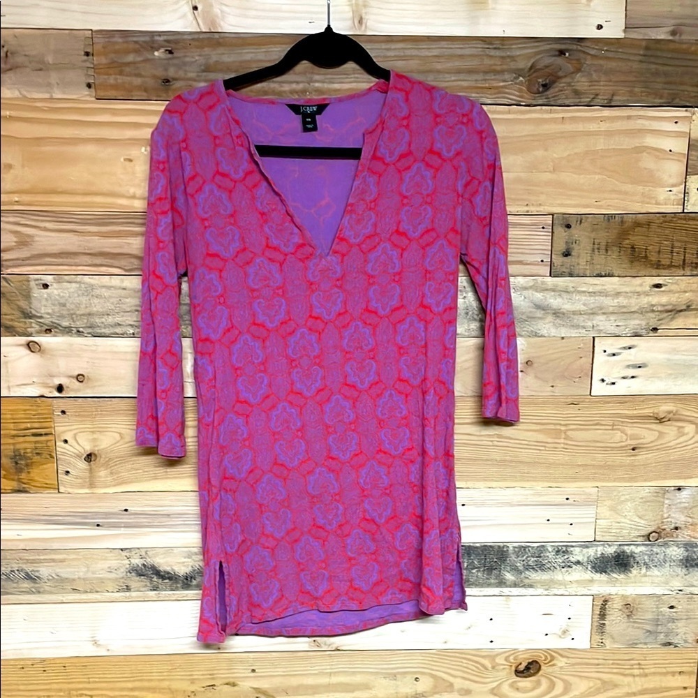 J.Crew size XXS Red & Purple Patterned V-neck Tunic Swimsuit Lightweight Coverup